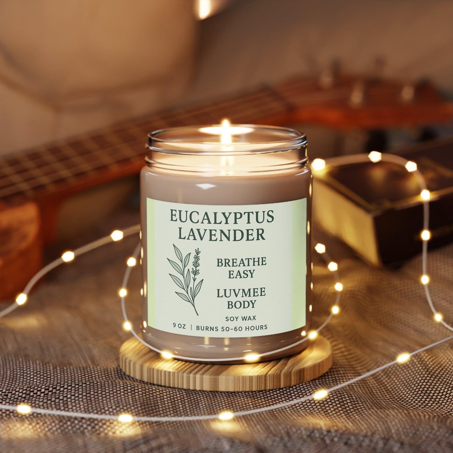 Eucalyptus lavender candle in a glass jar with a soft glow, perfect for relaxation and ambiance