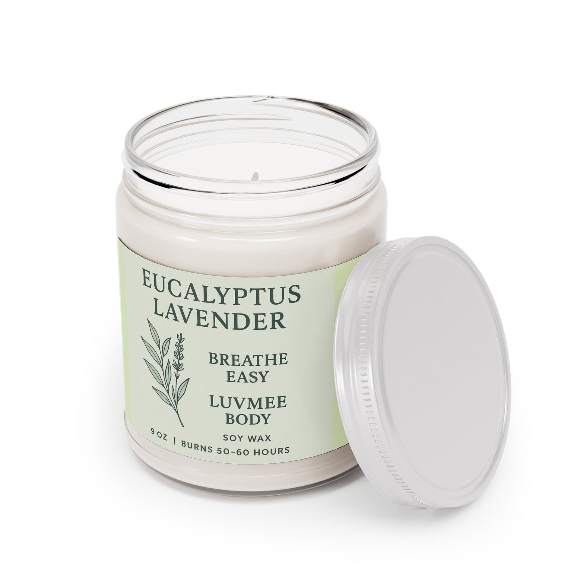 Eucalyptus lavender candle in a glass jar, featuring a calming scent for relaxation and home decor