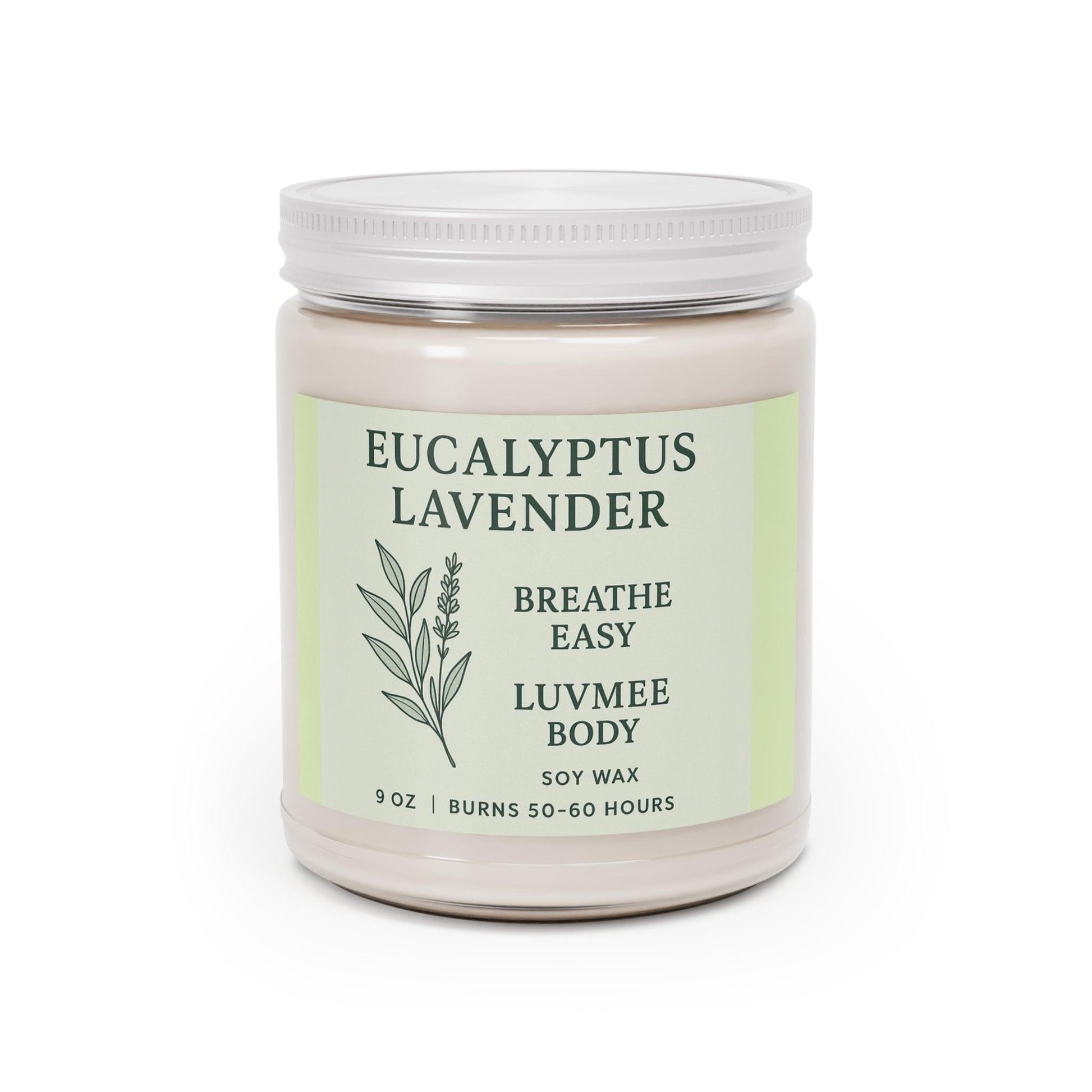 Eucalyptus lavender candle in a 9 oz jar with a natural design, promotes relaxation and freshness