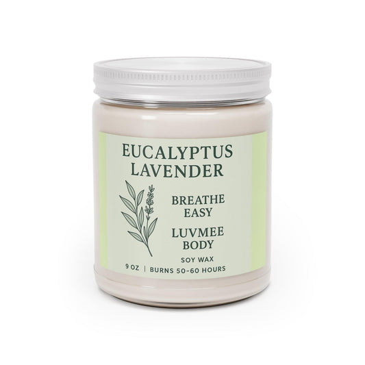 Eucalyptus lavender candle in a 9 oz jar with a natural design, promotes relaxation and freshness