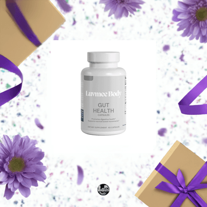 Luvmee Body Gut Health Capsules for gut wellness products in a festive background