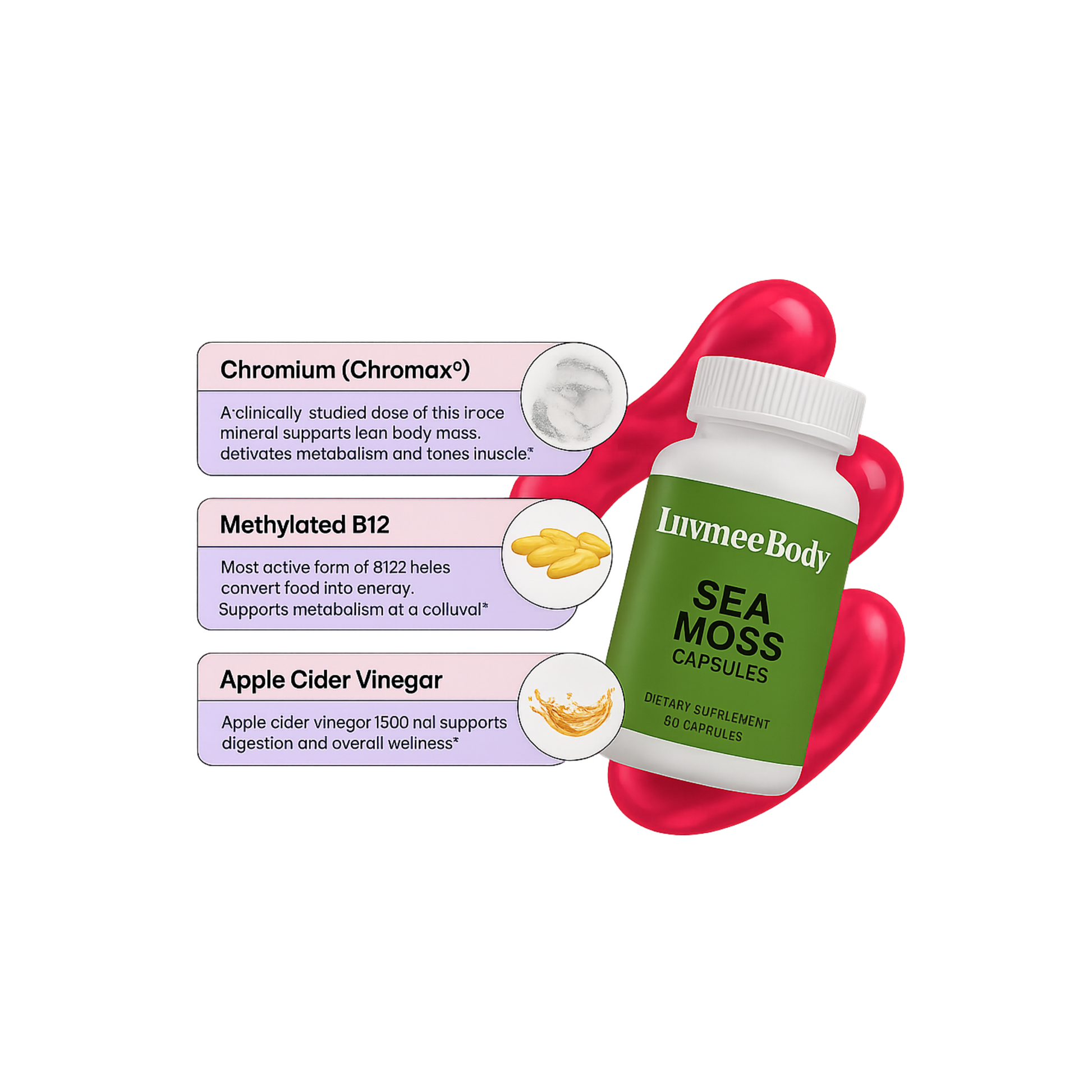 Luvmee Body Irish sea moss capsules bottle with benefits of chromium chromax methylated B12 and apple cider vinegar