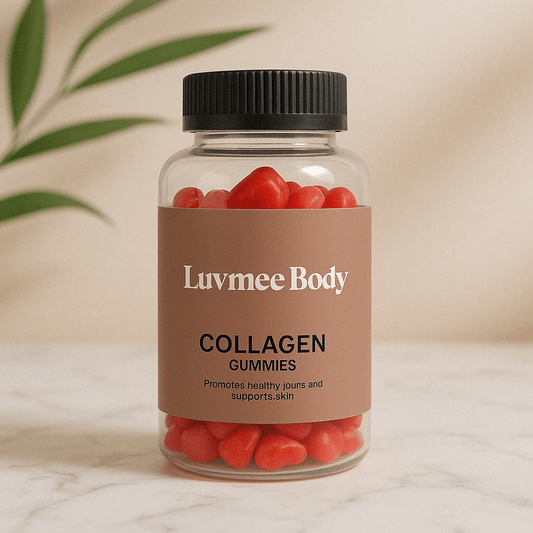 Luvmee Body Collagen Gummies in a clear jar for joint support collagen supplement with red gummy texture