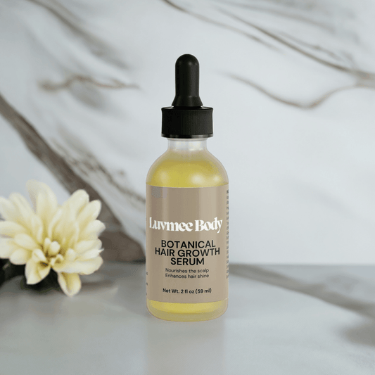 Luvmee Body Botanical Hair Growth Serum, a natural hair growth treatment that nourishes the scalp and promotes healthy hair