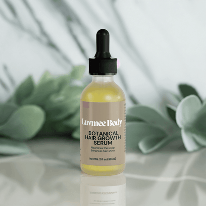 Luvmee Body Botanical Hair Growth Serum for natural hair growth treatment in a 2.1 oz glass bottle
