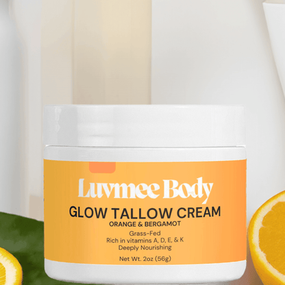 Luvmee Body Vitamin Rich Tallow Cream in a jar, with citrus fruit for deep nourishment