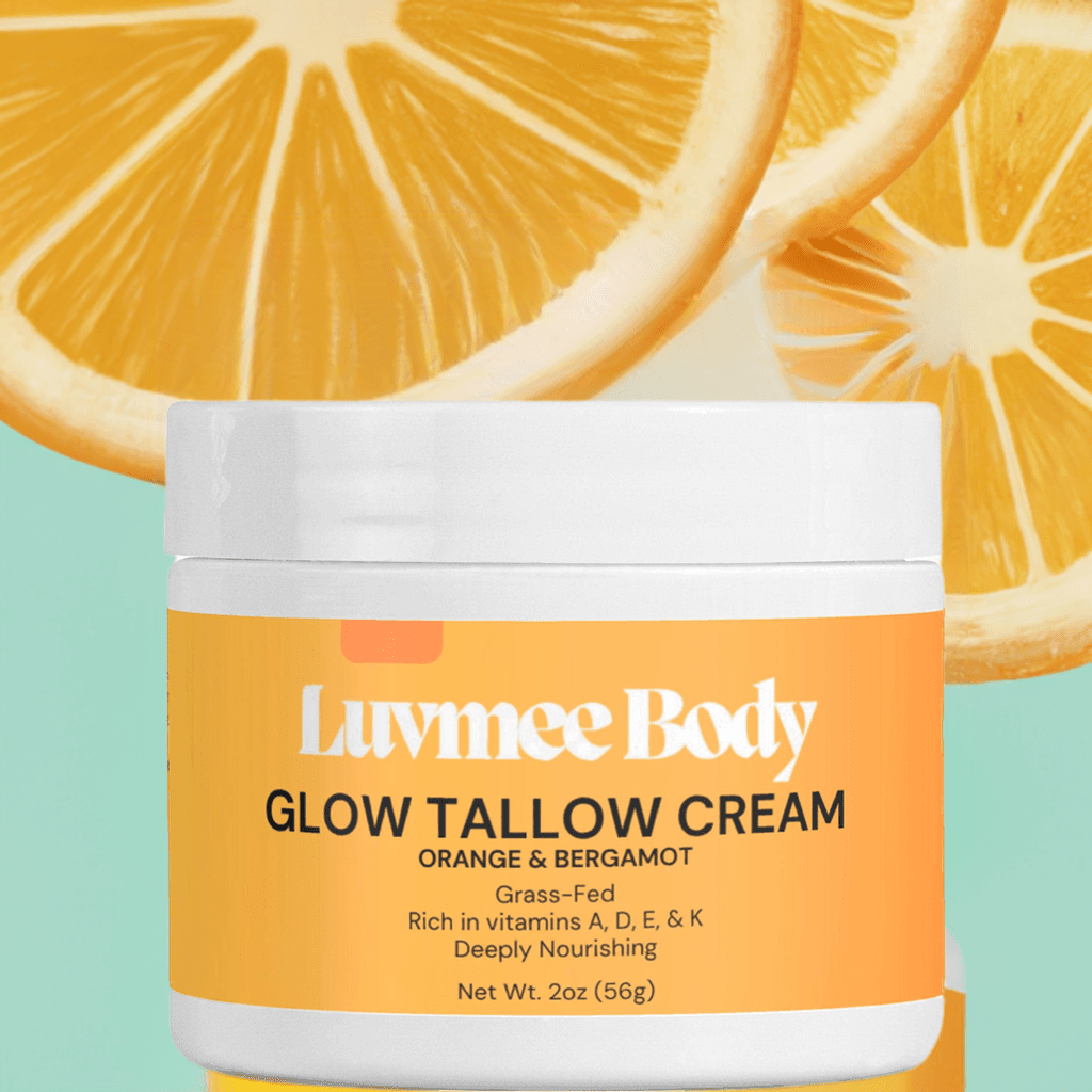 Luvmee Body Vitamin Rich Tallow Cream in a stylish jar with citrus graphics for skincare enthusiasts